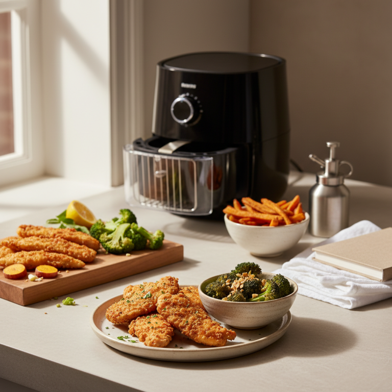 Ilustração editorial: 10 Easy Air Fryer Recipes Under 20 Minutes