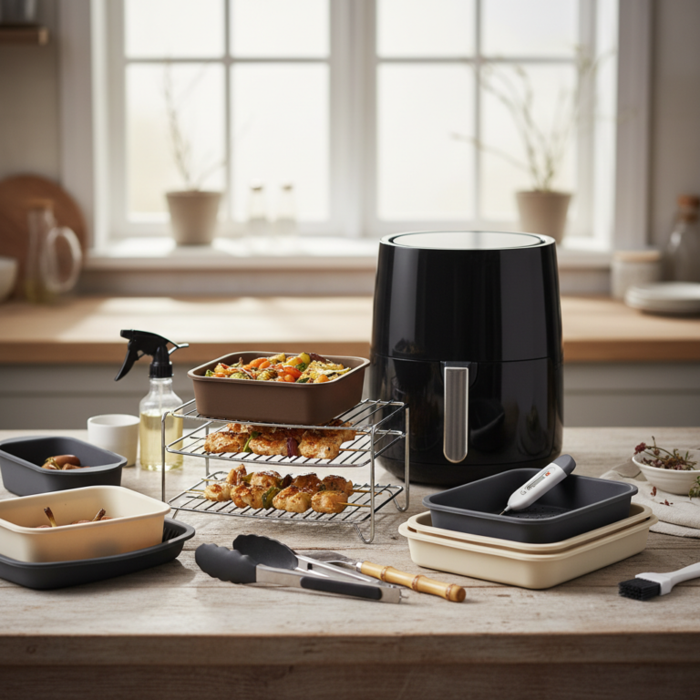 Ilustração editorial: 5 Best Air Fryer Accessories to Save 20 Minutes Daily