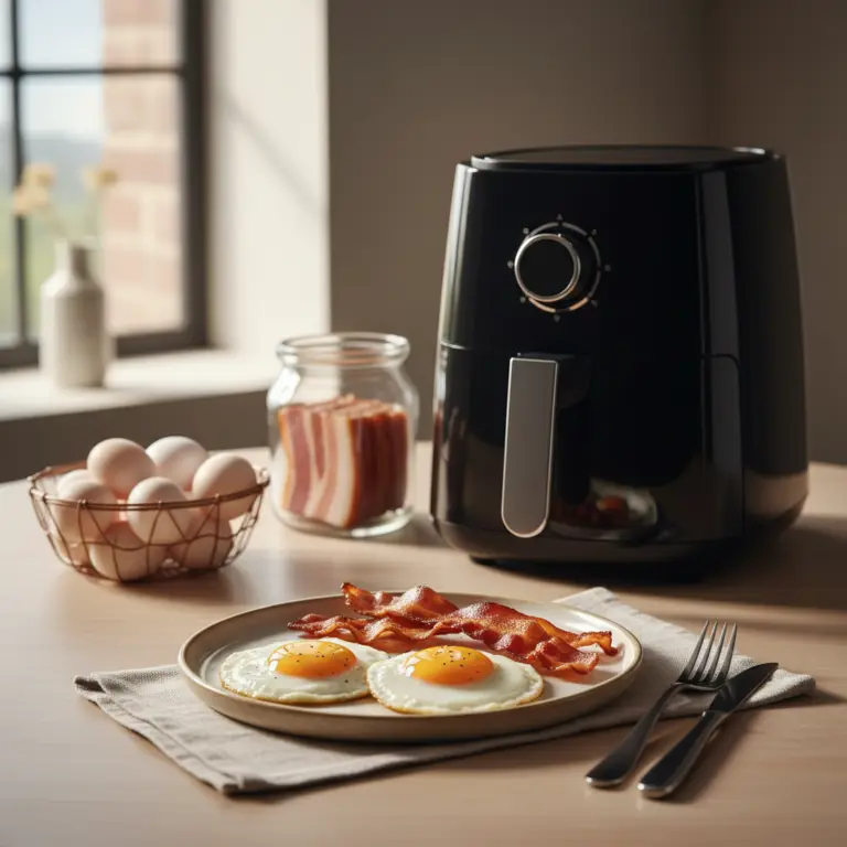 Ilustração editorial: Air Fryer Bacon and Eggs: The 12-Minute Low-Carb Breakfast