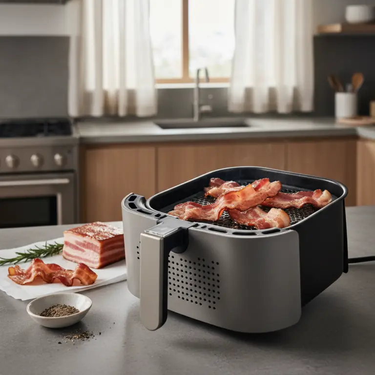 Ilustração editorial: Air Fryer Bacon: The 12-Minute Guide to Perfectly Crispy Strips