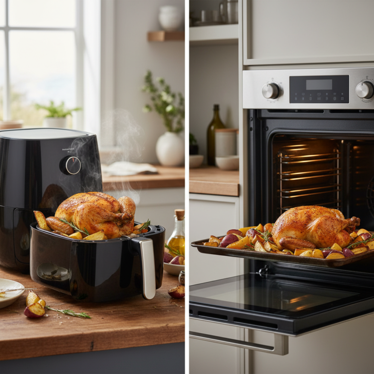 Ilustração editorial: Air Fryer Basket vs Oven: 3 Ways to Save Time on Low-Carb