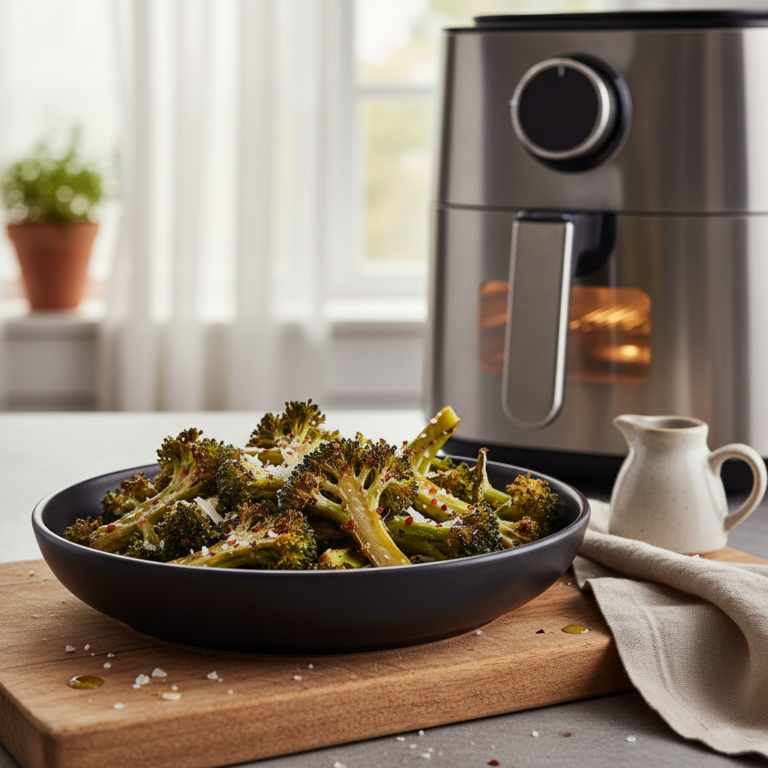 Ilustração editorial: Air Fryer Broccoli: The 12-Minute Crispy Method