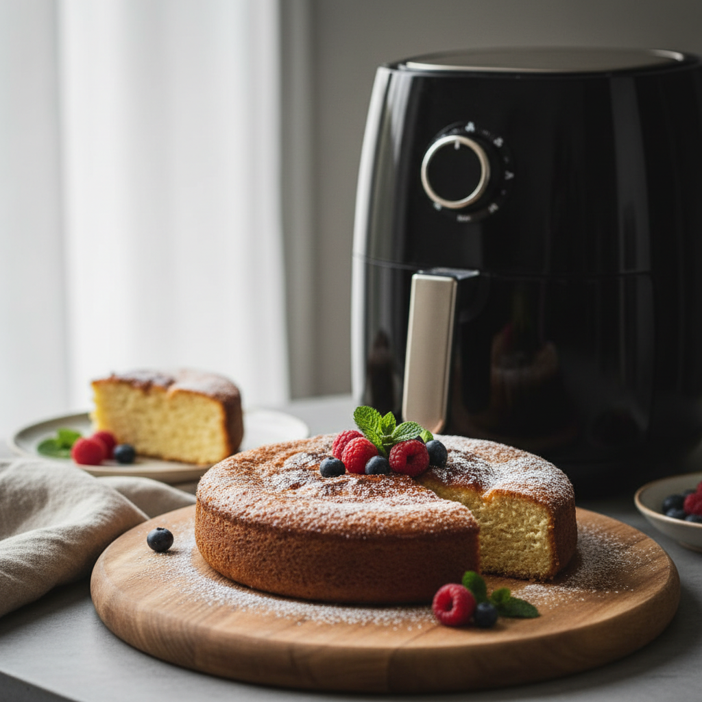 Ilustração editorial: Air Fryer Cake: 3 Easy Steps to a Perfect Low-Carb Dessert