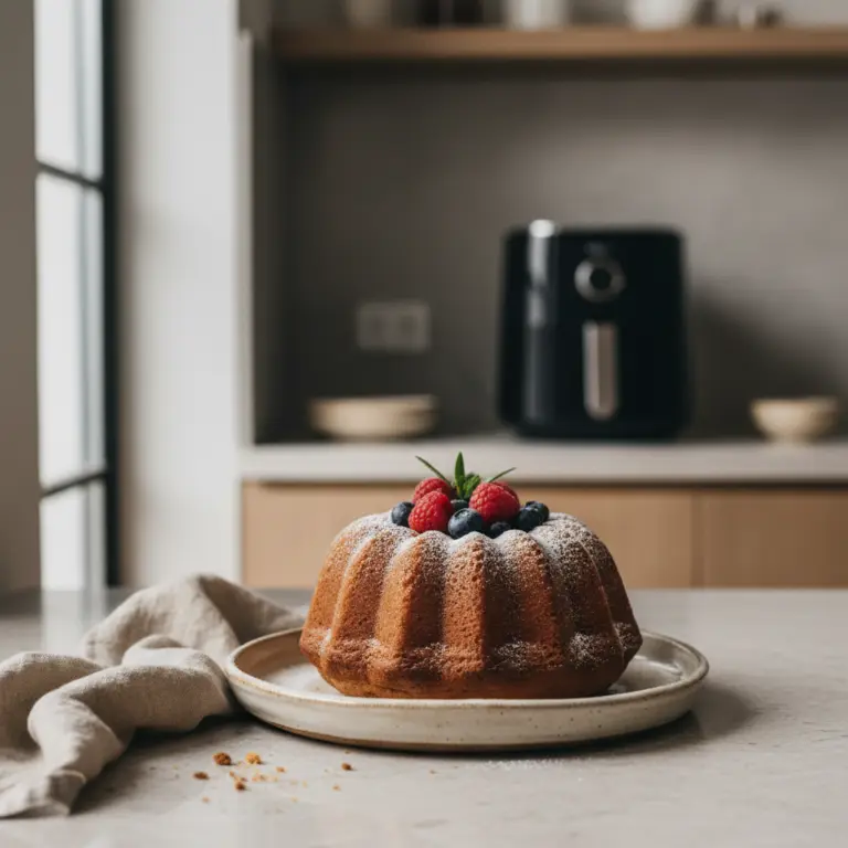 Ilustração editorial: Air Fryer Cake: 3 Easy Steps to Perfect Low-Carb Dessert