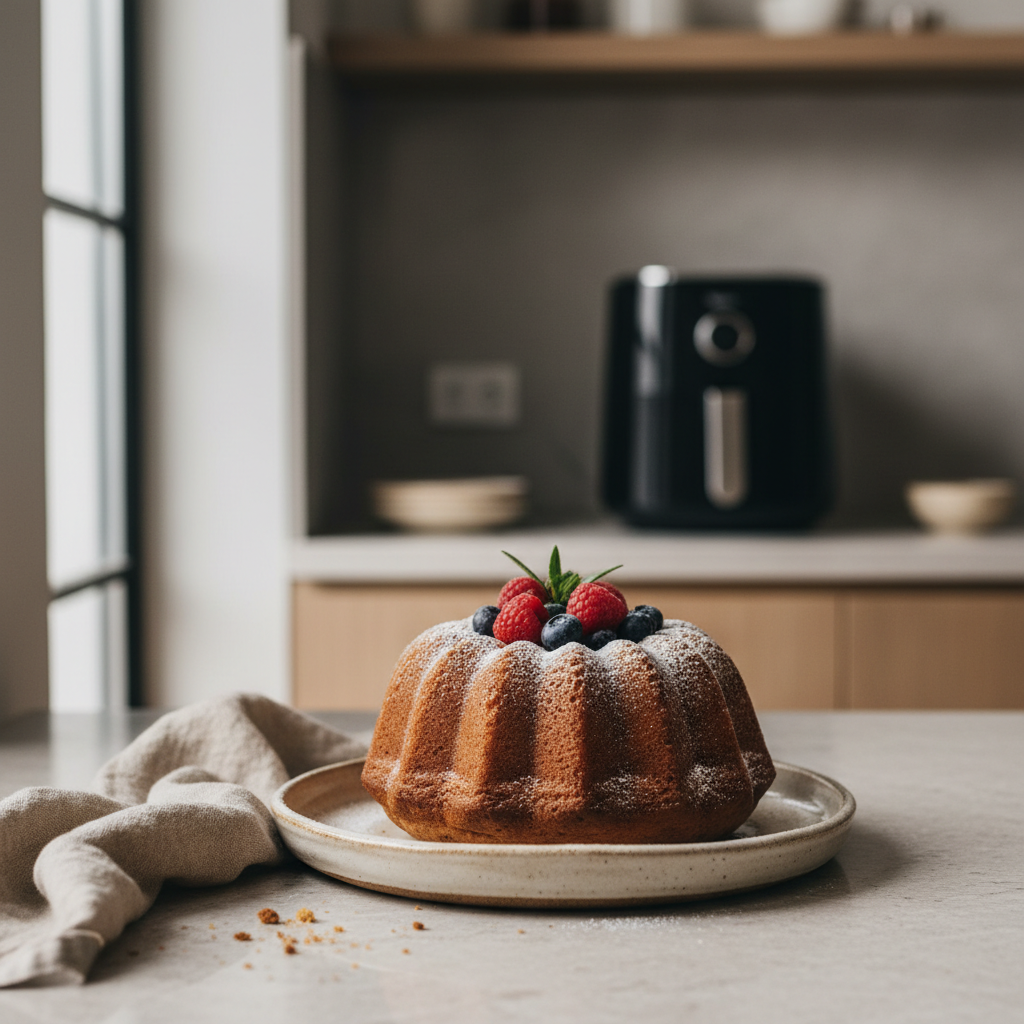 Ilustração editorial: Air Fryer Cake: 3 Easy Steps to Perfect Low-Carb Dessert