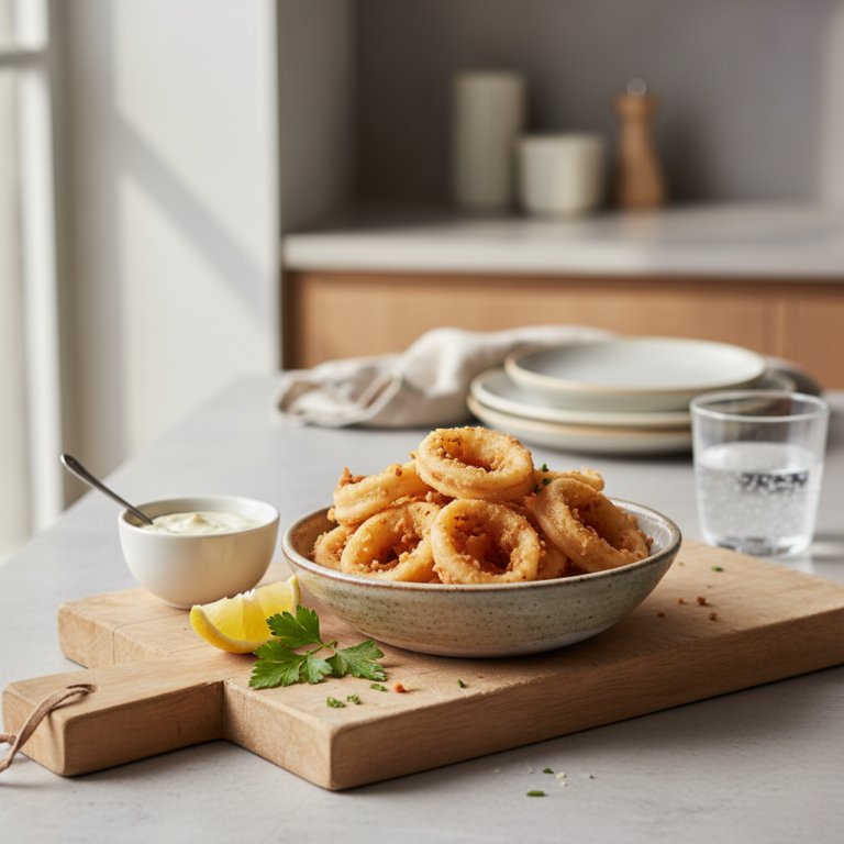 Ilustração editorial: Air Fryer Calamari: 3 Steps to Crispy Low-Carb Perfection