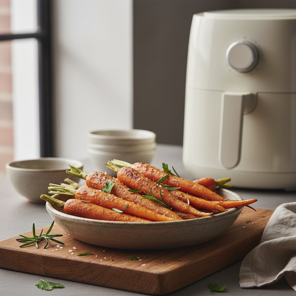 Ilustração editorial: Air Fryer Carrots: 12-Minute Recipe for Perfect Crispy Bites