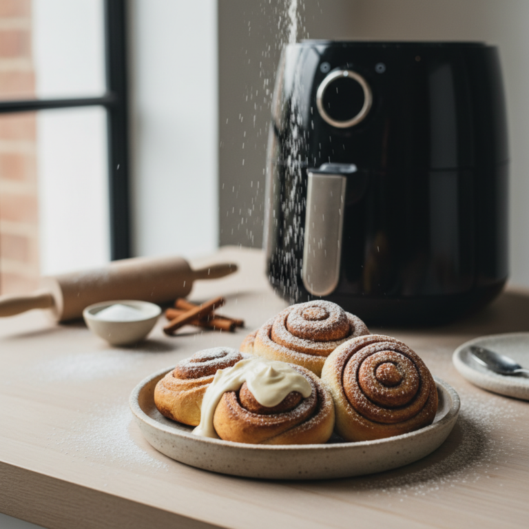 Ilustração editorial: Air Fryer Cinnamon Rolls: 12-Minute Perfection