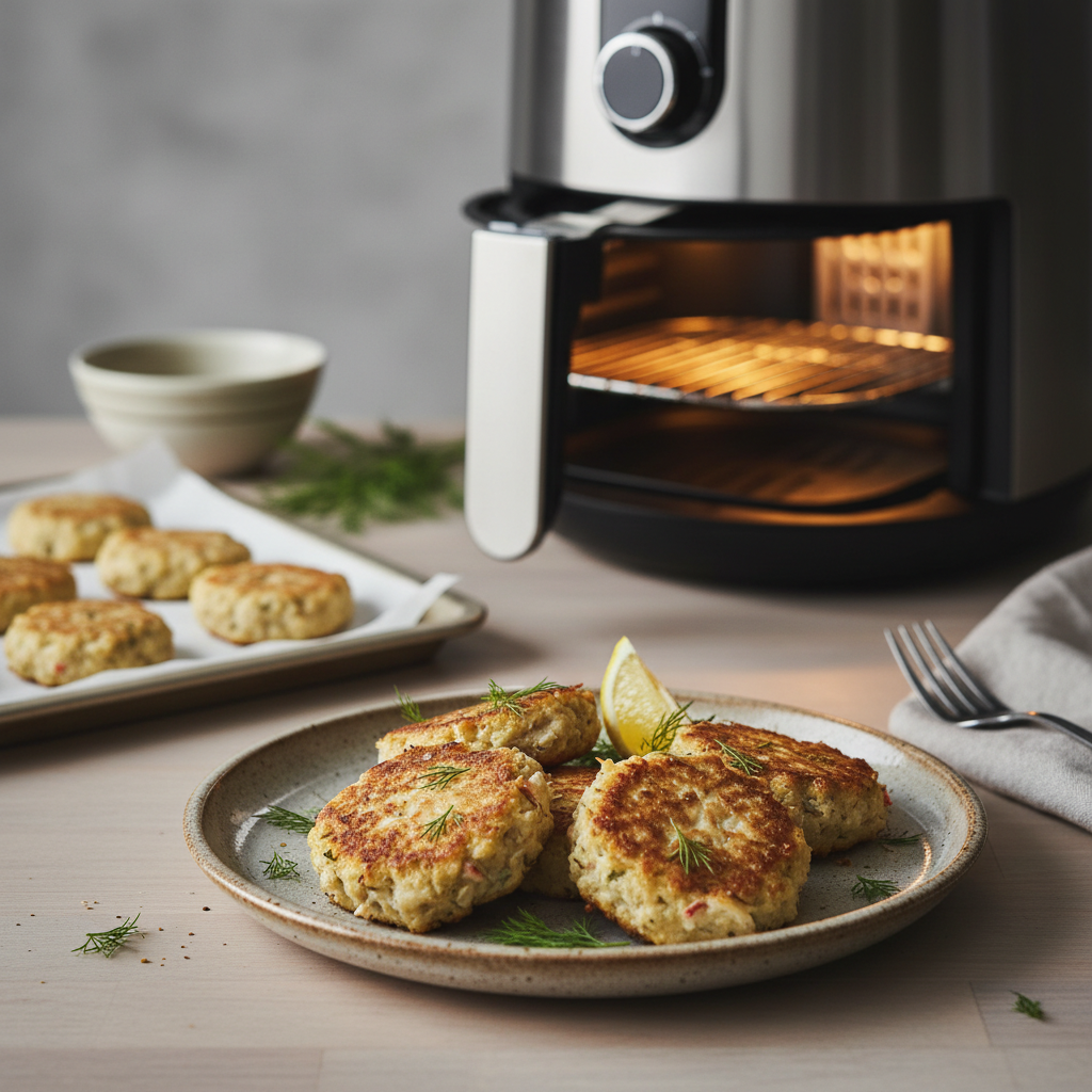 Ilustração editorial: Air Fryer Crab Cakes: 12-Minute Low-Carb Perfection