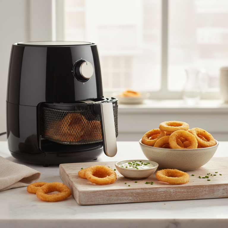 Ilustração editorial: Air Fryer Frozen Onion Rings: The 12-Minute Crisp Guide