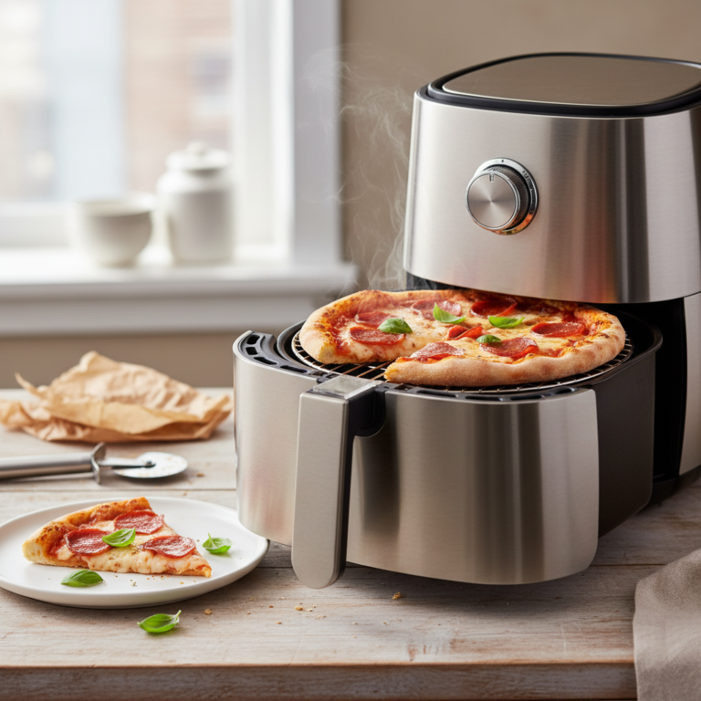 Ilustração editorial: Air Fryer Frozen Pizza: 12-Minute Crispy Crust Method