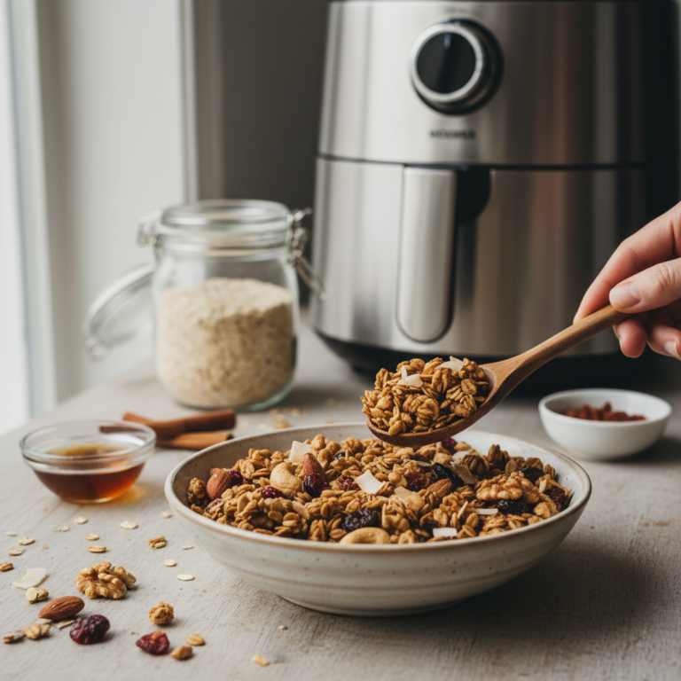 Ilustração editorial: Air Fryer Granola: 12-Minute Low-Carb Crunch Guide