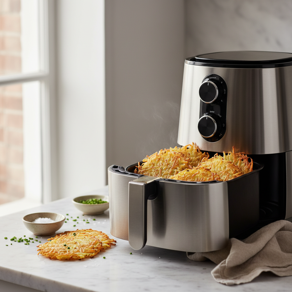 Ilustração editorial: Air Fryer Hash Browns: The 12-Minute Ultimate Crisp Method