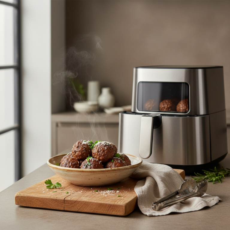 Ilustração editorial: Air Fryer Meatballs: 12-Minute Juicy Low-Carb Recipe