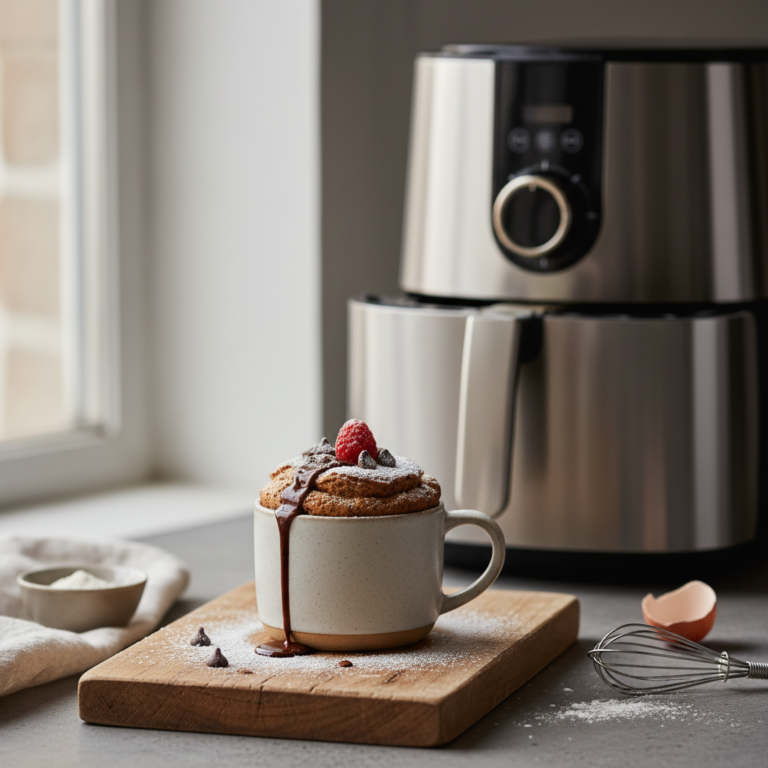 Ilustração editorial: Air Fryer Mug Cake: 1 Perfectly Moist Low-Carb Dessert