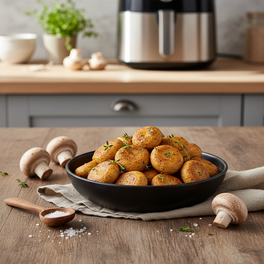 Ilustração editorial: Air Fryer Mushrooms: The 12-Minute Crispy Method