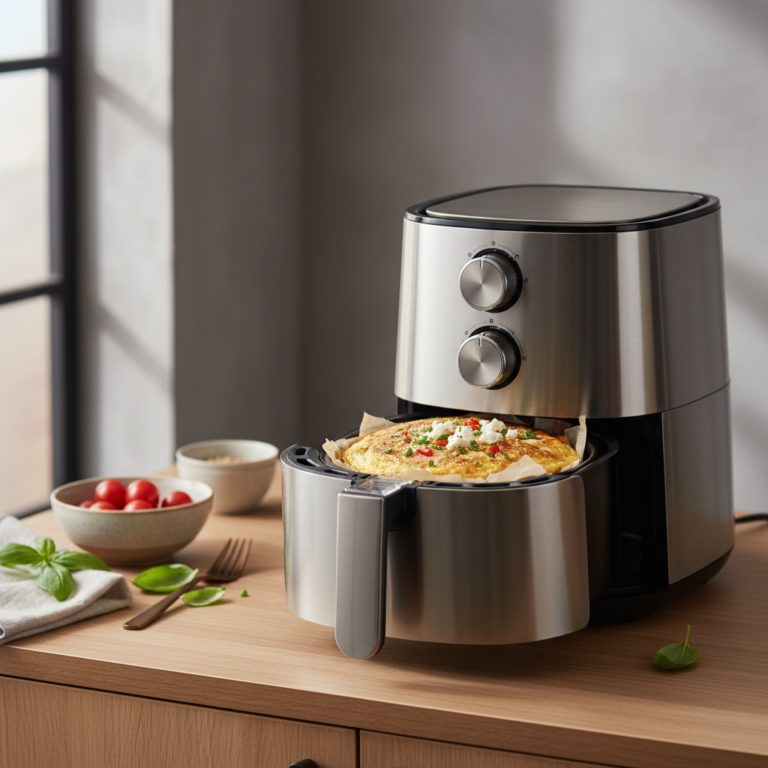 Ilustração editorial: Air Fryer Omelette: 12-Minute Low-Carb Breakfast Success