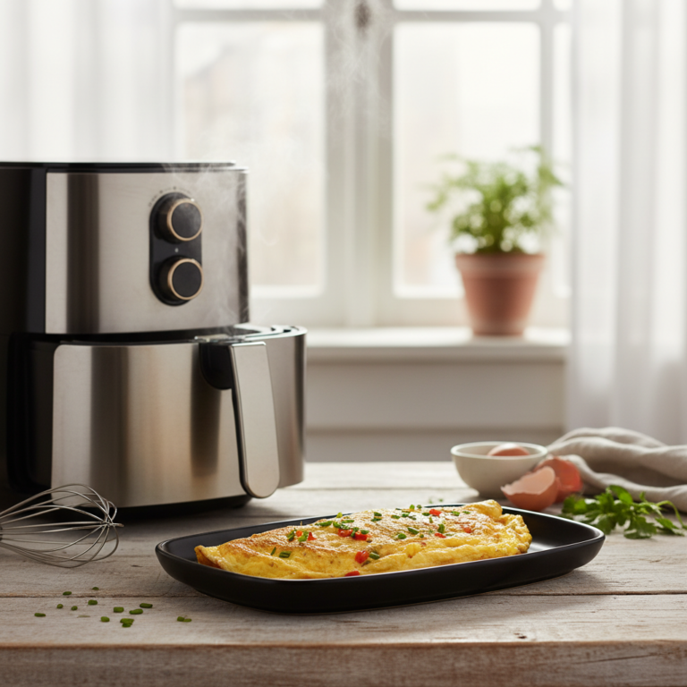 Ilustração editorial: Air Fryer Omelette: The 12-Minute Low-Carb Breakfast Hack