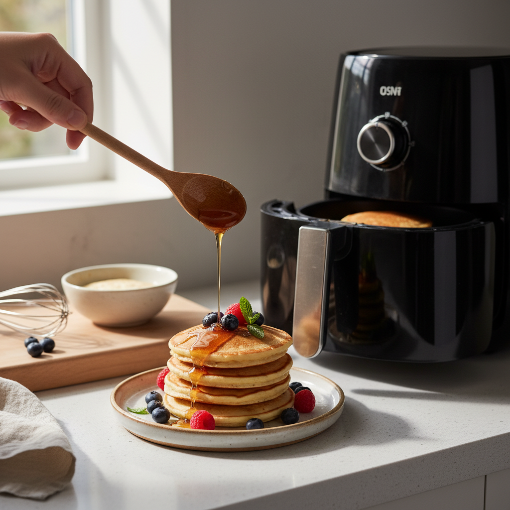 Ilustração editorial: Air Fryer Pancakes: The 12-Minute Low-Carb Breakfast Hack