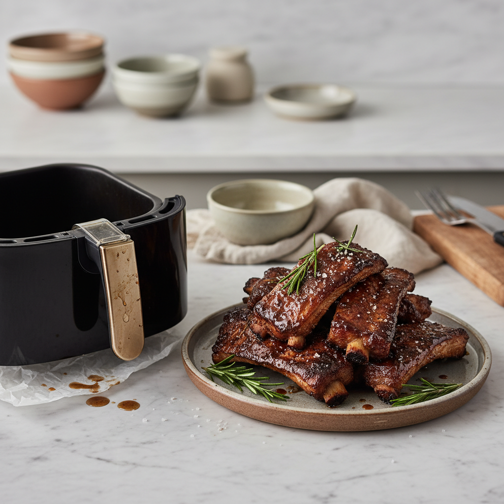 Ilustração editorial: Air Fryer Ribs: The 25-Minute Low-Carb Shortcut