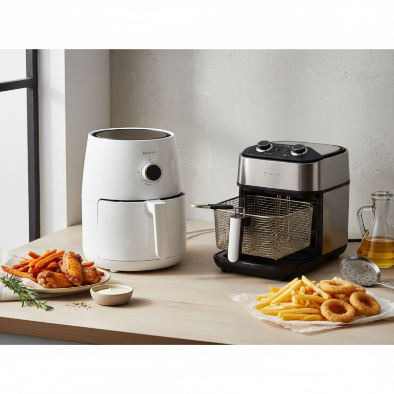 Ilustração editorial: Air Fryer vs Deep Fryer: 5 Secrets for Crispy Low-Carb Meals