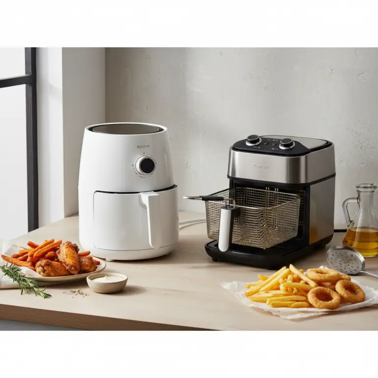 Ilustração editorial: Air Fryer vs Deep Fryer: 5 Secrets for Crispy Low-Carb Meals