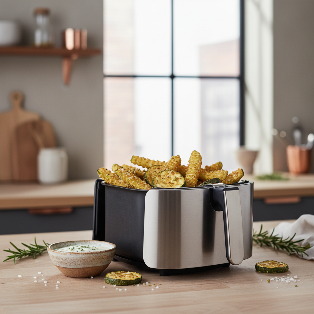 Ilustração editorial: Air Fryer Zucchini: The 12-Minute Crisp Guide