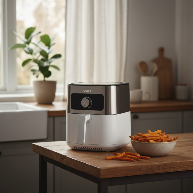 Ilustração editorial: Find a Quiet Air Fryer: 5 Tips for Peaceful Low-Carb Cooking