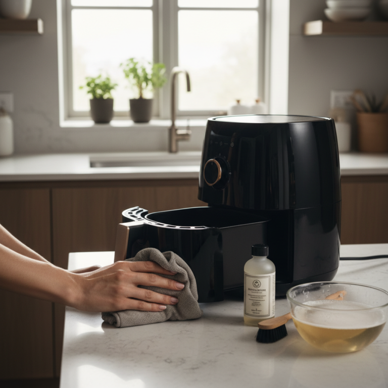 Ilustração editorial: How to Clean Air Fryer: 3 Steps for a Perfect Finish