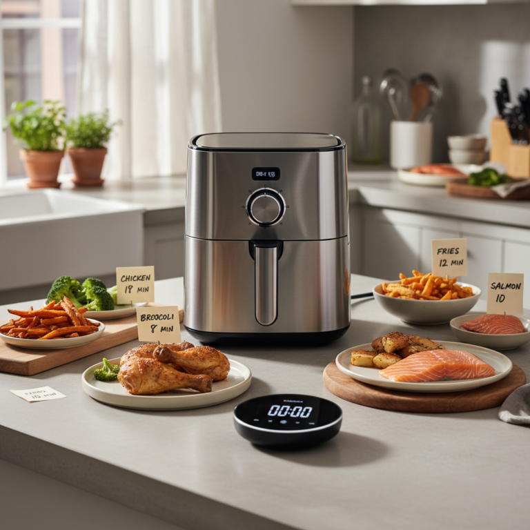 Ilustração editorial: Master Air Fryer Cook Times: 5 Rules for Perfect Low-Carb Meals