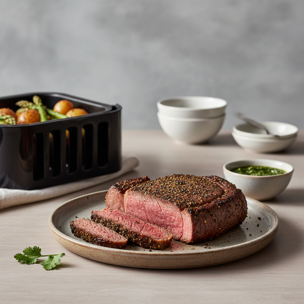 Ilustração editorial: Perfect Air Fryer Steak: A 12-Minute Restaurant Quality Method