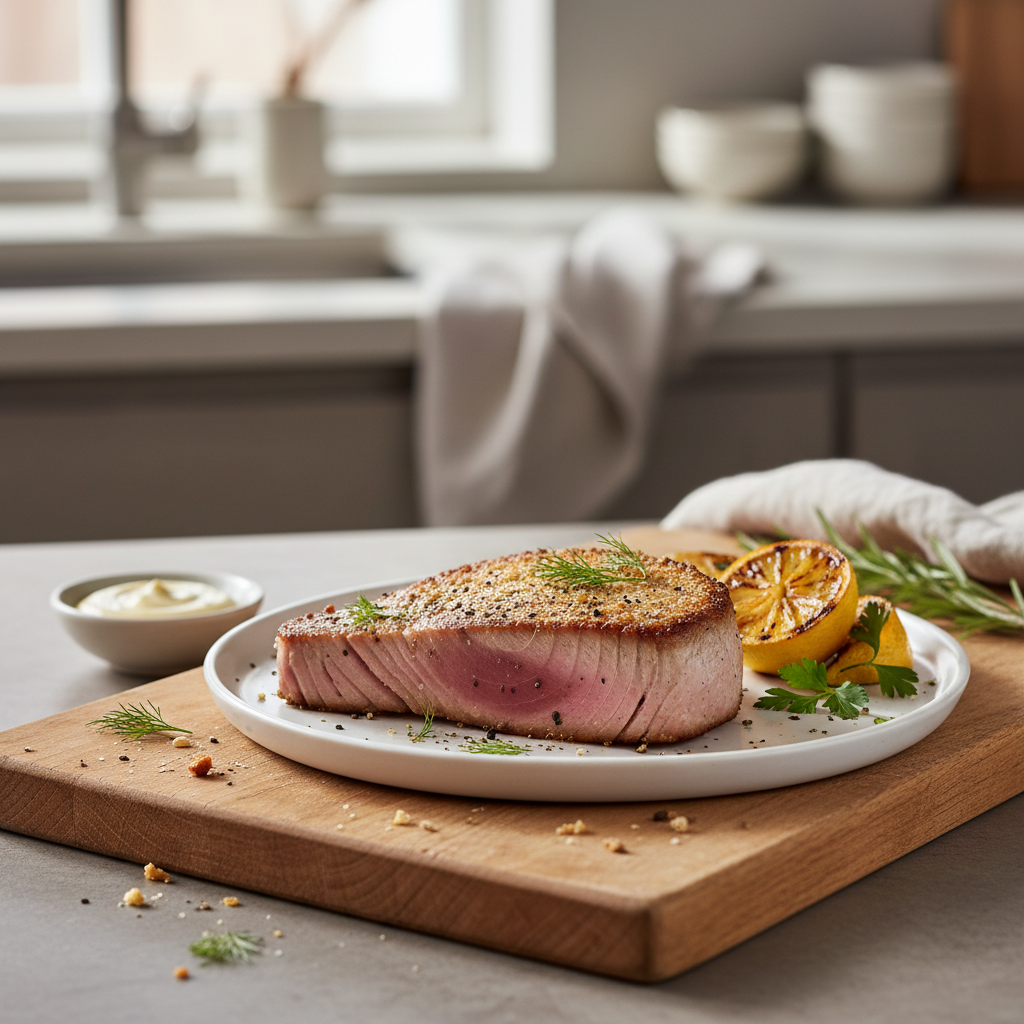 Ilustração editorial: Perfect Air Fryer Tuna Steak: 12-Minute Seared Success