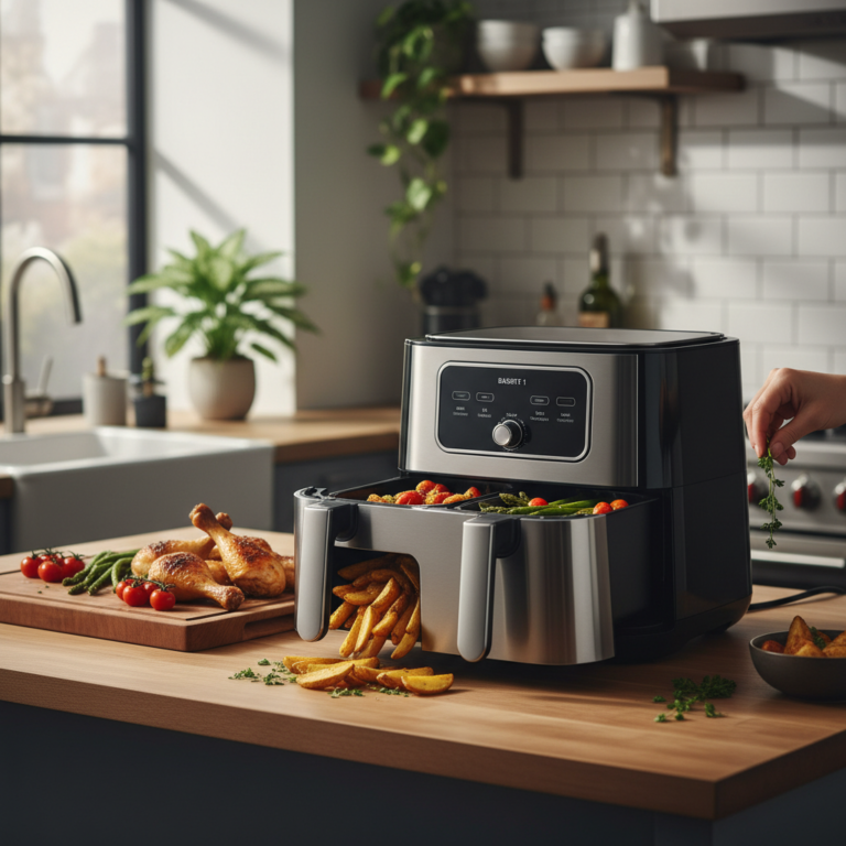 Ilustração editorial: The Best Dual Basket Air Fryer: 5 Tips to Master Low-Carb Meals
