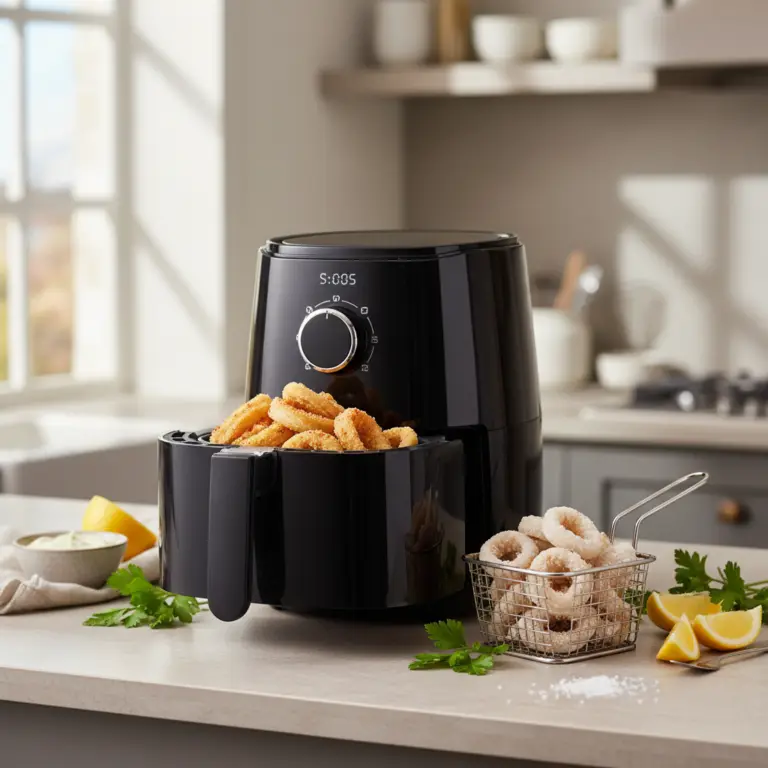 Ilustração editorial: Air Fryer Frozen Calamari: The 12-Minute Golden Crisp Method