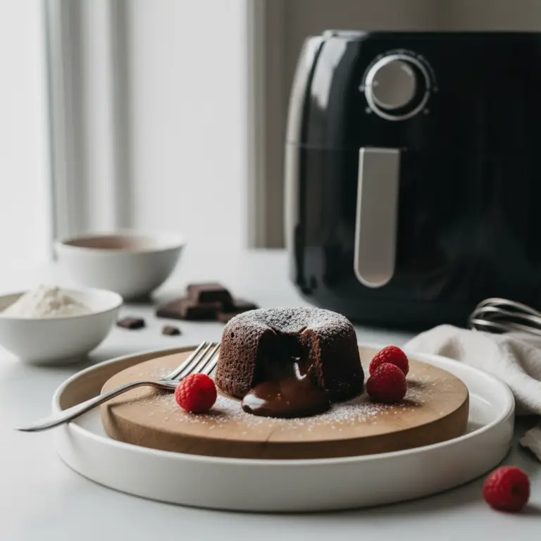 Ilustração editorial: Air Fryer Keto Lava Cake: A Decadent 12-Minute Dessert