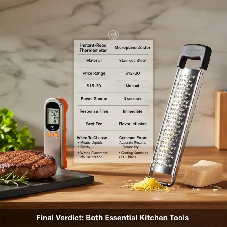 Ilustração editorial: Digital Instant-Read Meat Thermometer vs Microplane Zester Grater