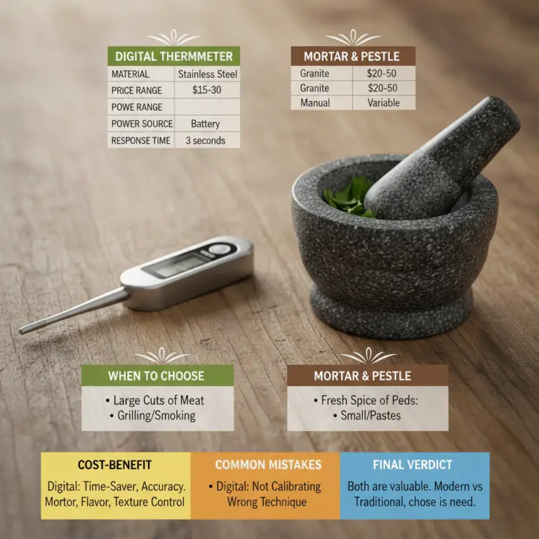 Ilustração editorial: Digital Instant-Read Meat Thermometer vs Mortar and Pestle: The 2 Must-Haves