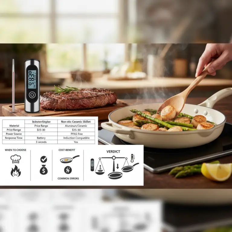 Ilustração editorial: Digital Instant-Read Meat Thermometer vs Non-Stick Ceramic Skillet